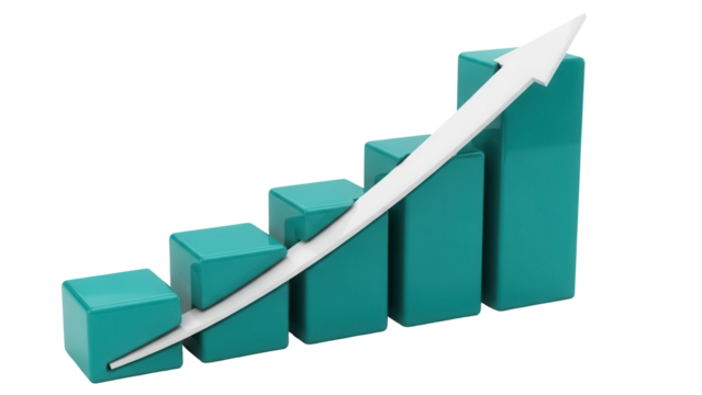 Rising bar graph with arrow isolated PNG, business growth chart on transparent background for financial report and presentation - Powered by Adobe