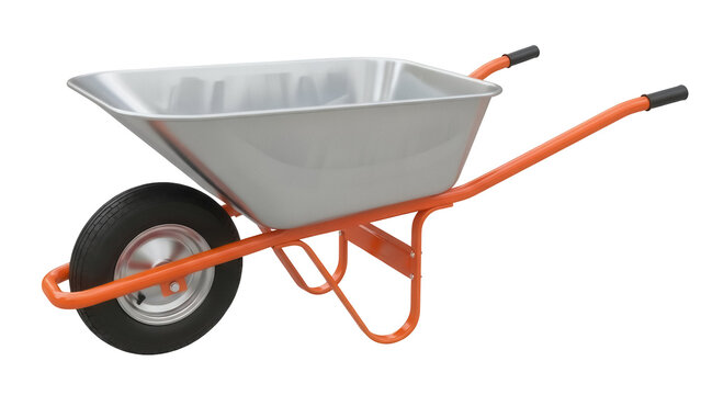 Metal wheelbarrow PNG isolated on transparent background, construction equipment for gardening and landscaping projects, heavy-duty tool