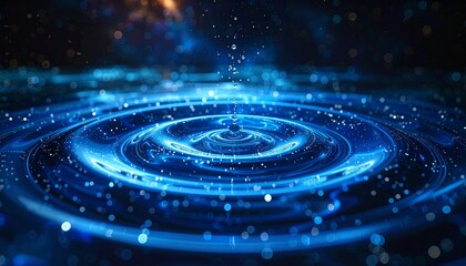 Cosmic Ripples: An artistic representation of a central point in space, with glowing blue concentric circles expanding outwards.