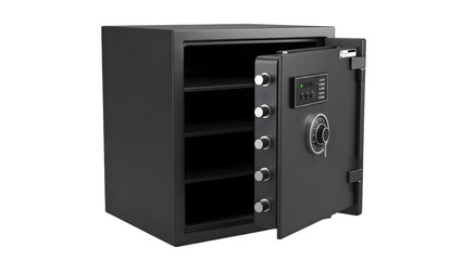 Obraz premium Open gray metal safe with digital keypad and shelves inside isolated on a transparent background