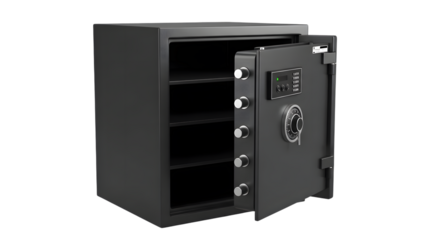 Open gray metal safe with digital keypad and shelves inside isolated on a transparent background