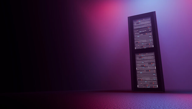 Modern server rack with colorful gradient light in data center