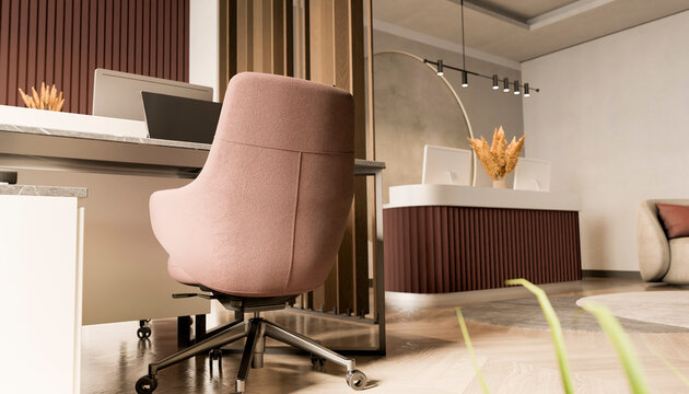 Modern office workspace with ergonomic chair and reception desk