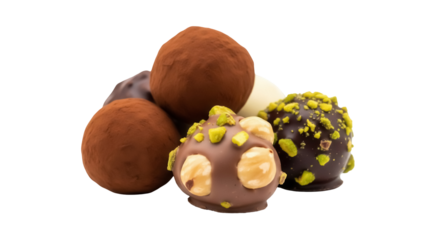 Assorted chocolate truffles isolated PNG on transparent background, gourmet sweets for dessert and confectionery concepts