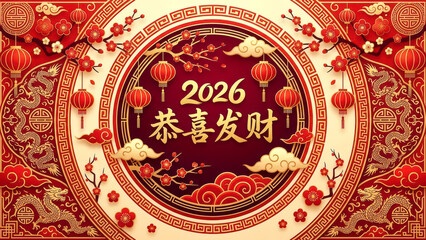 2026 Chinese New Year Festive Background with Gong Xi Fa Cai Greeting