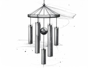 Hand-drawn pencil sketch of a wind chime, hanging with tubular chimes