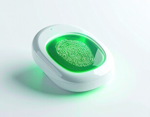 Futuristic fingerprint scanner, green illuminated, on a white surface