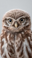 cute baby owl portrait, fluffy feathers, big round eyes, clean background, soft natural lighting