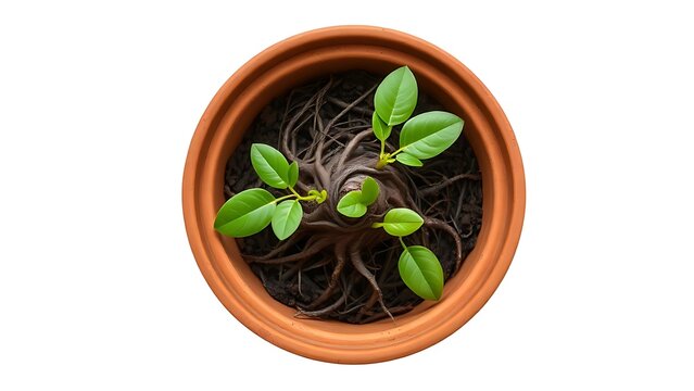 constriction. A root-bound plant in a terracotta pot, roots circling inside, top-down view. gardening catalogs, home-decor guides, designed for gardening and botanical catalogs.
