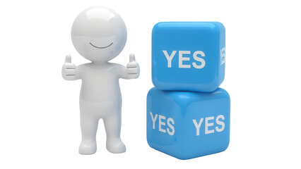 Fototapeta premium 3D rendering of a happy man giving thumbs up next to blue YES cubes isolated PNG, positive affirmation concept for agreement and success
