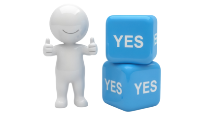 3D rendering of a happy man giving thumbs up next to blue YES cubes isolated PNG, positive affirmation concept for agreement and success