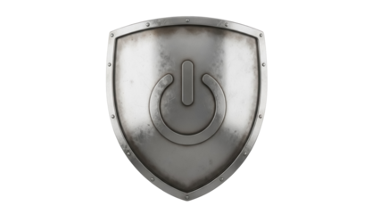 Metal shield with power button isolated PNG, security concept for technology and digital protection on transparent background