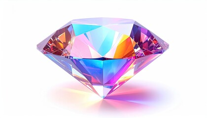 A faceted diamond displays vibrant internal reflections on a white background