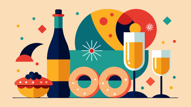 German new year celebration with sparkling wine sekt and traditional donuts shown as festive flat vector illustration
