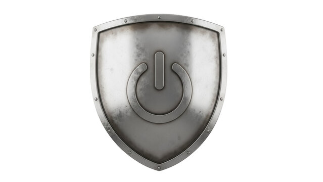 Metal shield with power button isolated PNG, security concept for technology and digital protection on transparent background - Powered by Adobe