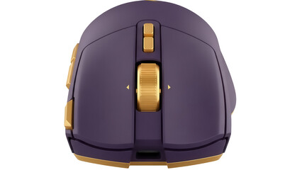 Ergonomic purple and gold gaming mouse isolated PNG, wireless computer peripheral for esports and competitive online games