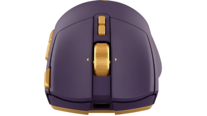 Ergonomic purple and gold gaming mouse isolated PNG, wireless computer peripheral for esports and competitive online games