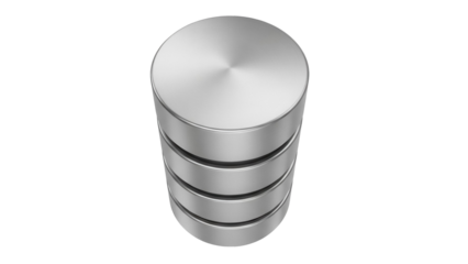 Silver metal database storage isolated PNG, server stack data center concept for technology and cloud computing on transparent background