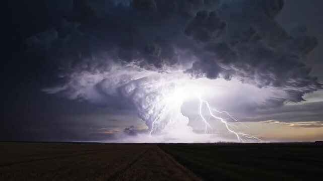 Dramatic Supercell Thunderstorm with Lightning Strikes Over Farmland at Dusk