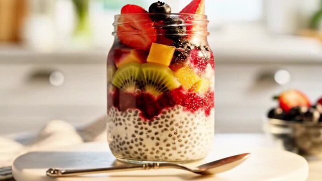 Chia seed pudding in a glass jar with fruit layers, rotating display, healthy breakfast concept.