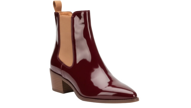 Elegant burgundy patent leather Chelsea boot isolated PNG, stylish women s footwear with block heel on transparent background