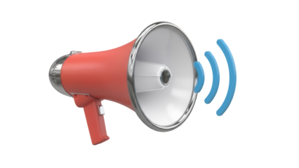 Red and silver megaphone with sound waves PNG isolated on transparent background, public address system for announcements and communication