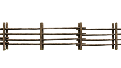 Rustic wooden fence with horizontal and vertical slats and posts isolated on a transparent background
