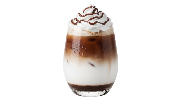 Iced latte with whipped cream and chocolate drizzle isolated PNG, refreshing coffee drink on transparent background