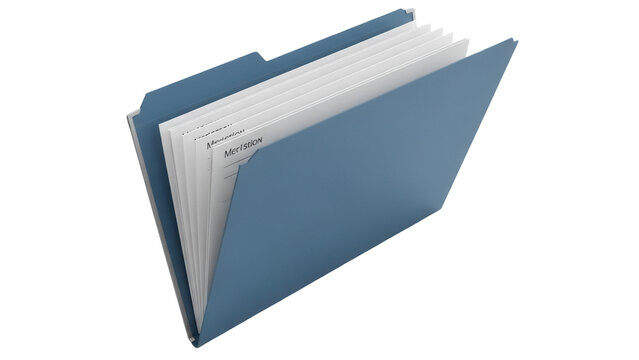 Blue file folder with documents isolated PNG, office supplies for organization and storage on transparent background