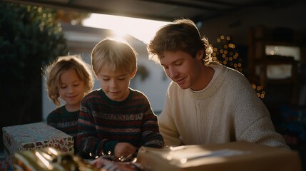 A family spreading out colorful holiday bins across the garage floor, sorting ornaments and string lights while sunlight streams through the open door, creating a cozy seasonal transition moment.