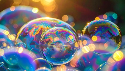 Enchanting Bubble Symphony: An entrancing close-up shot captures the mesmerizing beauty of soap bubbles, showcasing a kaleidoscope of iridescent colors dancing in the light, forming a captivating.