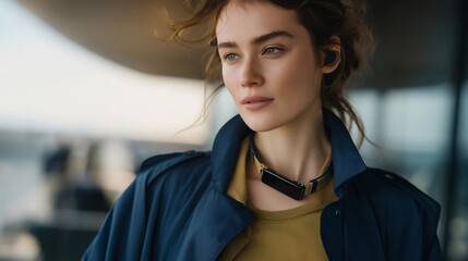 A wearable health tracker monitors personal exposure to urban emissions, syncing location-based air quality data with biometric responses to help users manage respiratory health. cinematic color