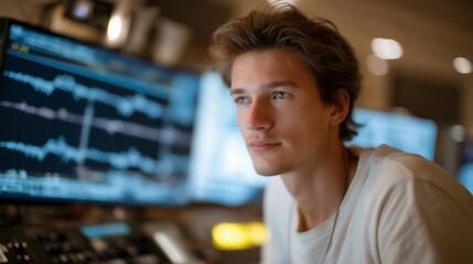A radio engineer monitoring frequency spectrum usage on a control screen, signal peaks and interference patterns visualizing modern wireless communication systems. cinematic color correction,