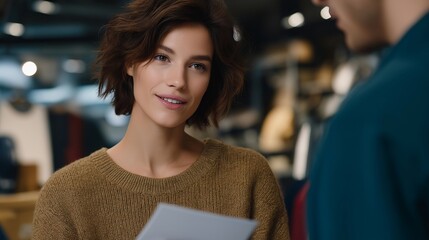 A retail associate explaining warranty details and return policies face-to-face, building trust through clarity, honesty, and human-centered customer service. cinematic color correction, natural