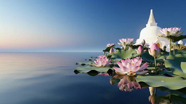 Medin Poya sacred observance background with calm lotus water reflections and serene spiritual mood