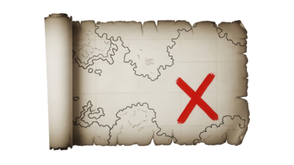 Old treasure map with red X mark isolated PNG, vintage parchment scroll with island outline for pirate adventure and game design