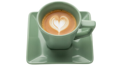 Latte art in a green cup isolated on transparent background, heart shaped coffee drink for cafe menu and social media posts PNG