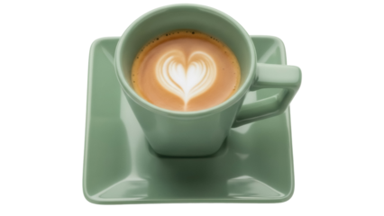 Latte art in a green cup isolated on transparent background, heart shaped coffee drink for cafe menu and social media posts PNG