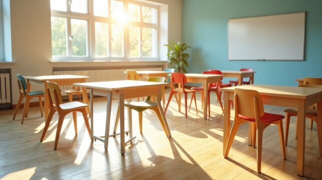 Sunlight streams through large windows illuminating an empty classroom with small wooden desks and chairs