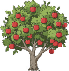 Cartoon Apple Tree Laden with Red Apples and Green Leaves on White Background Keywords: apple tree, apple, red apples, fruit tree