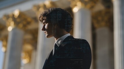 A lawyer’s profile silhouette double-exposed with courthouse columns and digital code streams, symbolizing the intersection of traditional law and legal technology innovation. cinematic color