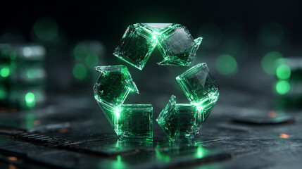 Recycling icon symbolizing sustainable industry and waste data management, with natural shadow and cyber technology aesthetic, seamless loopable abstract design for digital use.
