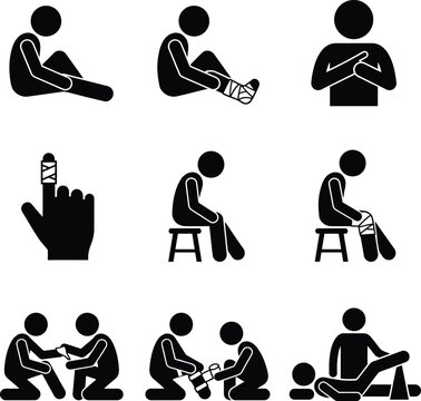 Icon set showing people with injuries and medical care