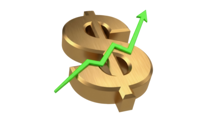 Golden dollar sign with green arrow isolated PNG, financial growth concept on transparent background, investment and stock market increase