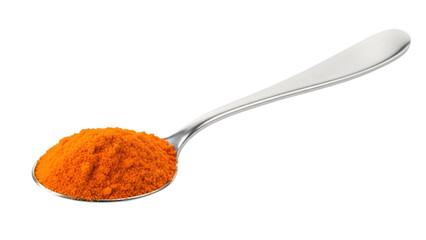 Spoon filled with bright orange powdered spice isolated on a transparent background turmeric