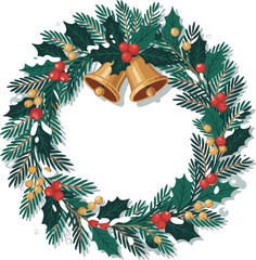 Christmas wreath with pine branches, holly, berries, and bells on white holiday decoration