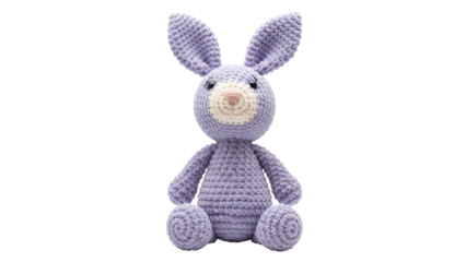 Cute lavender crochet bunny toy isolated PNG, handmade stuffed animal for baby shower gift and nursery decor, on transparent background