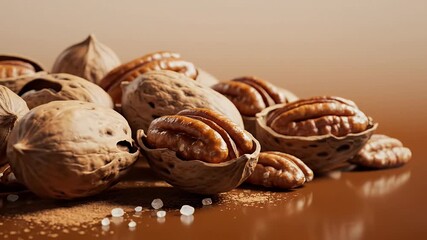 National Pecan Month background with cracked pecan shells subtle shadows for food promotion