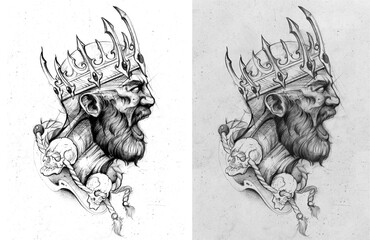 King with crown and skulls tattoo design. Hand-drawn black ink line work illustration of a bearded screaming warrior. High quality scan of original graphic art for t-shirt print and dark fantasy poste