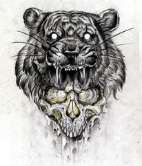 High quality pencil sketch of aggressive tiger and skull tattoo design. Hand-drawn graphic illustration, artistic scan for t-shirt print and dark art posters.                                  